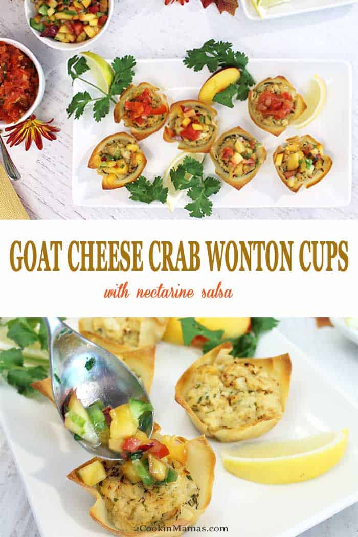 Goat Cheese Crab Wonton Cups | 2 Cookin Mamas Goat Cheese Crab Wonton Cups are an easy, tasty appetizer for entertaining. Creamy goat cheese is topped with a mini crab cake and baked in a wonton cup for the perfect handheld appetizer that is sure to please all seafood lovers. Top them with a little nectarine salsa for an extra special kick. #appetizer #crabcakes #goatcheese #fall #recipe #wontoncups #TheFreshMarket #TFMCrabBash @TheFreshMarket #AD