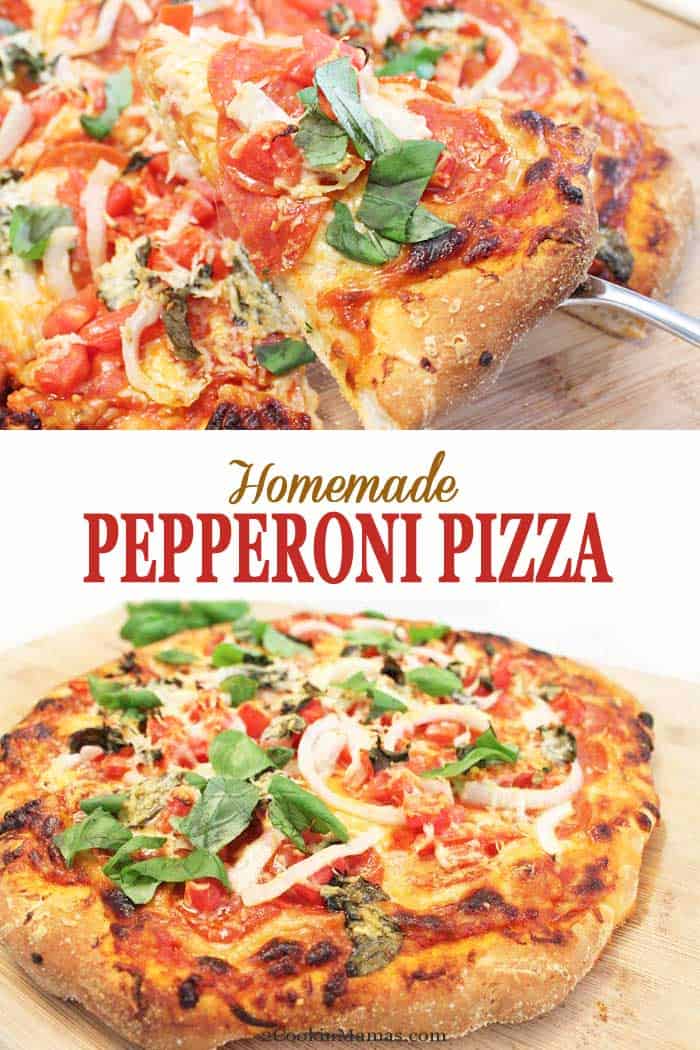 Homemade Pepperoni Pizza 1 | 2 Cookin Mamas Make your own homemade pepperoni pizza tonight! It's 100 times better than store bought and easy too! Start with store-bought pizza dough, add your sauce and favorite toppings and voila - you've got pizza your way! And you've never tasted anything better than when it's hot out of the oven! #pizza #pepperoni #homemade #recipe