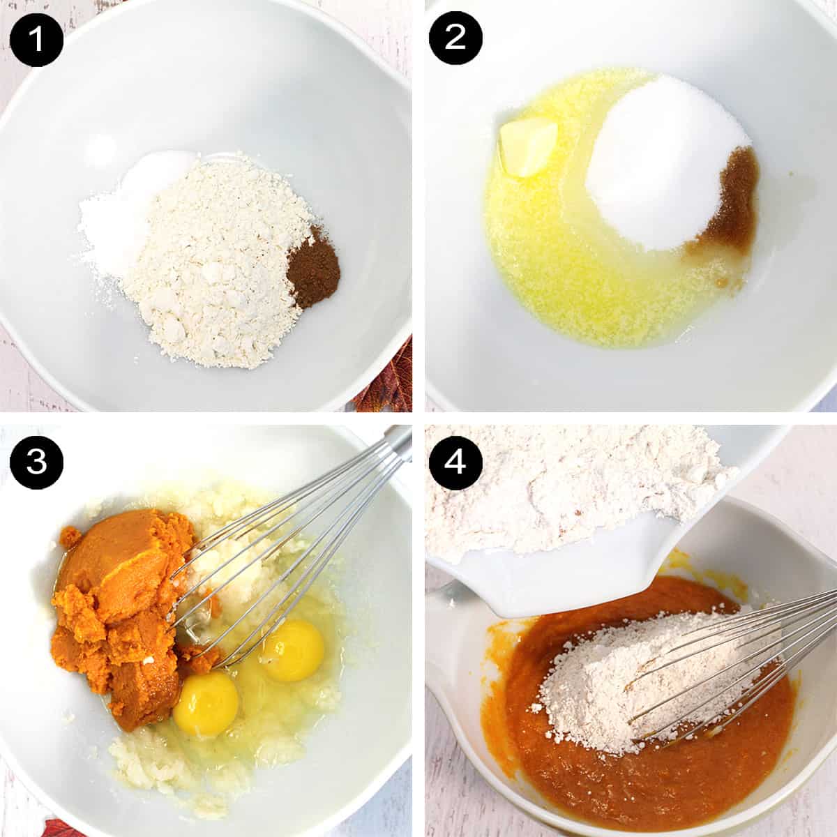 Pumpkin donut steps to make batter collage.