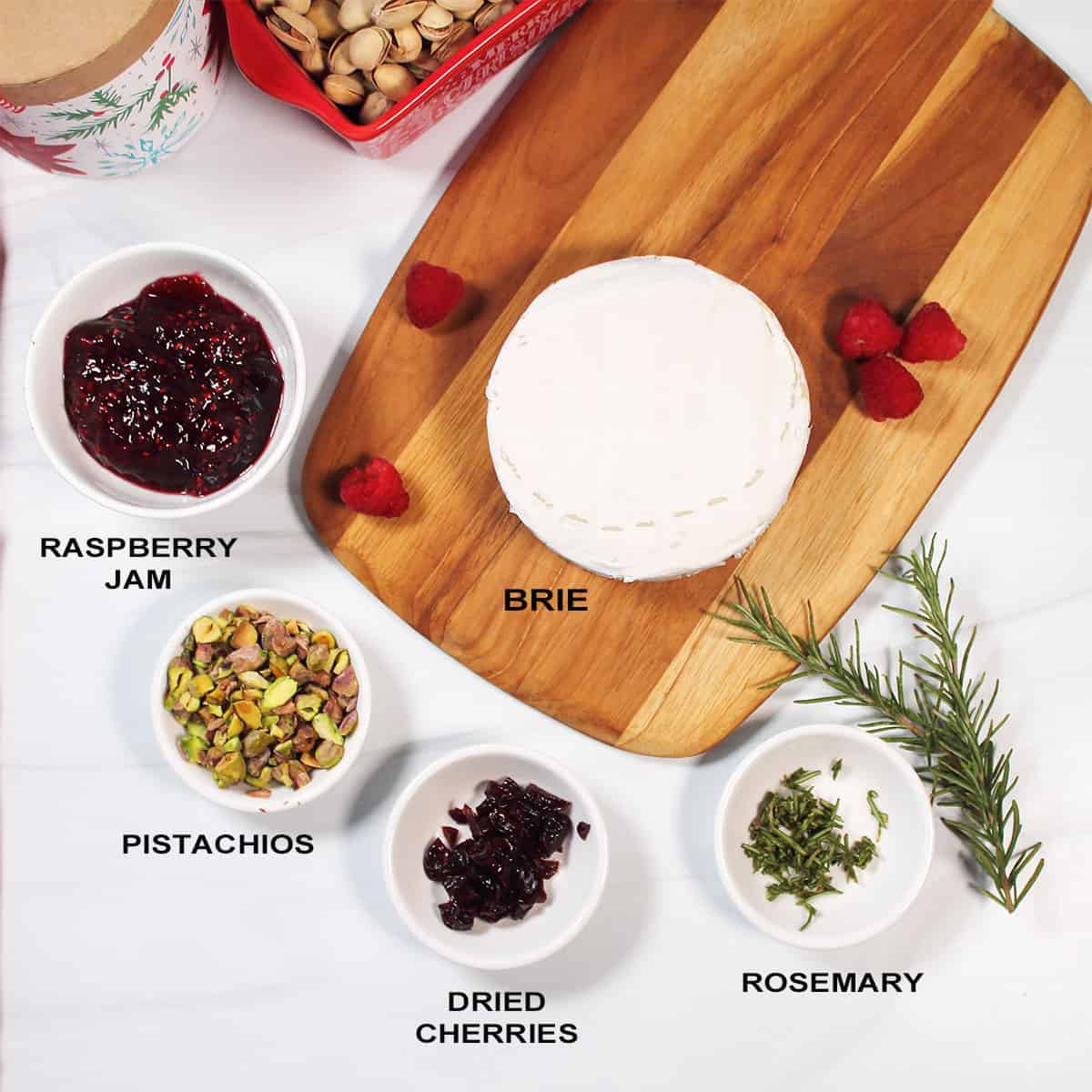 Ingredients for baked brie in air fryer with jam.