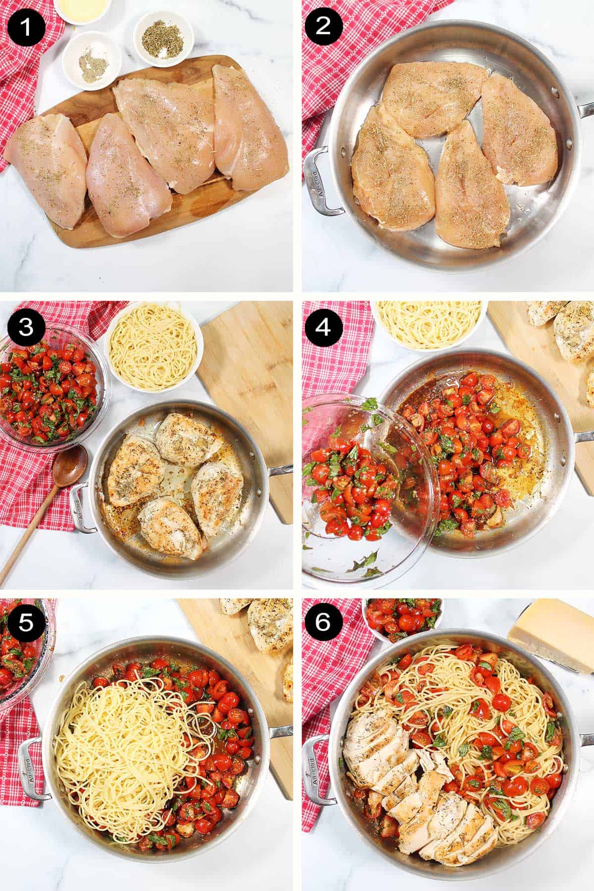 Steps to make bruschetta chicken with pasta.