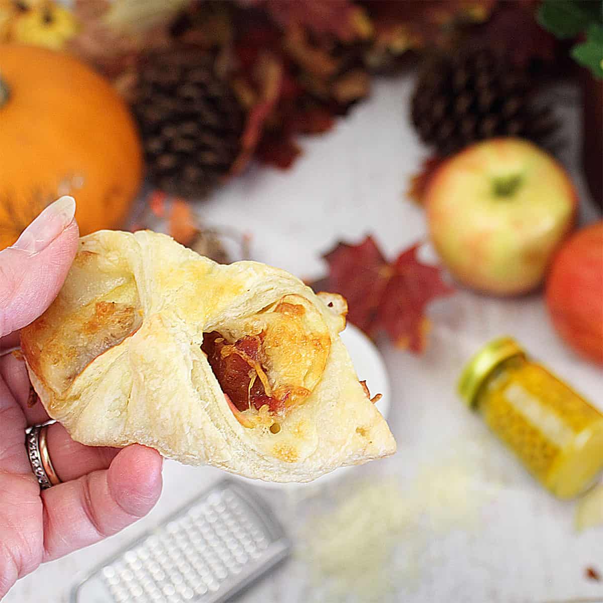 Closeup of puff pastry bundle.
