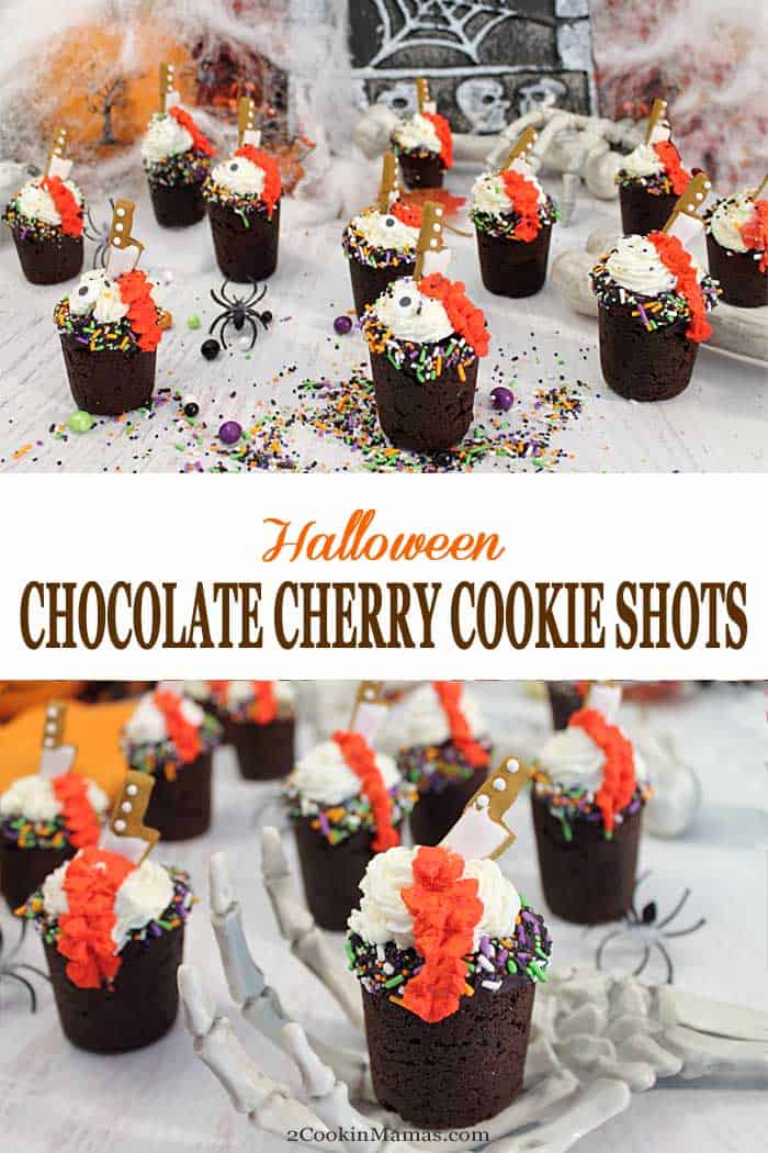 Halloween Chocolate Cherry Cookie Shots | 2 Cookin Mamas Spooky Halloween Chocolate Cherry Cookie Shots are perfect for holiday parties. Rich chocolate cookie shots are filled with cherry pie filling or your favorite shot then topped with whipped cream and Halloween sprinkles to complete an awesomely gruesome dessert. #cookies #cookieshots #Halloween #chocolate #cherries #dessert #choctoberfest @sprinklepopshop #ad
