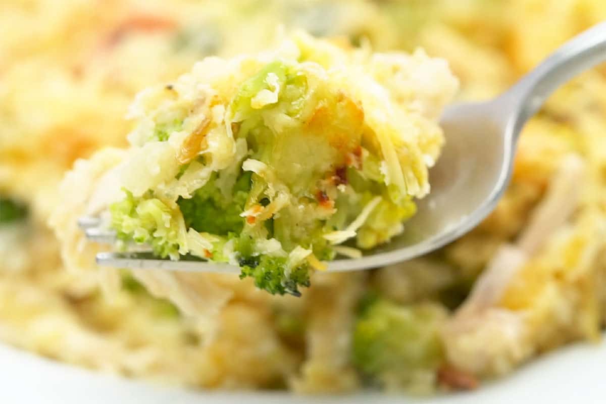 Bite of chicken broccoli casserole on fork.