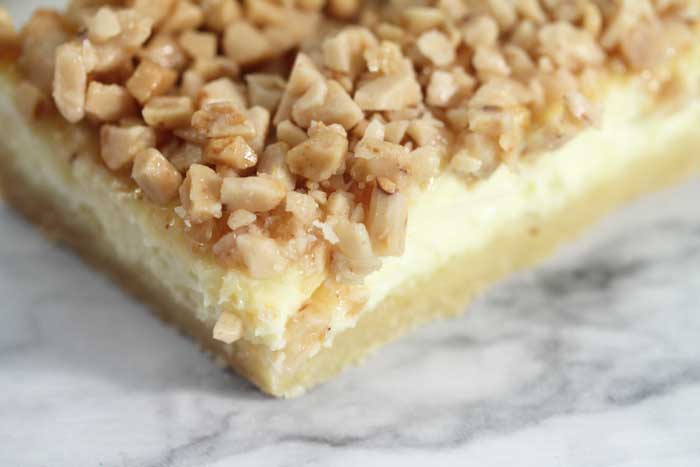 Creme Brulee Cheesecake Bars extreme closeup