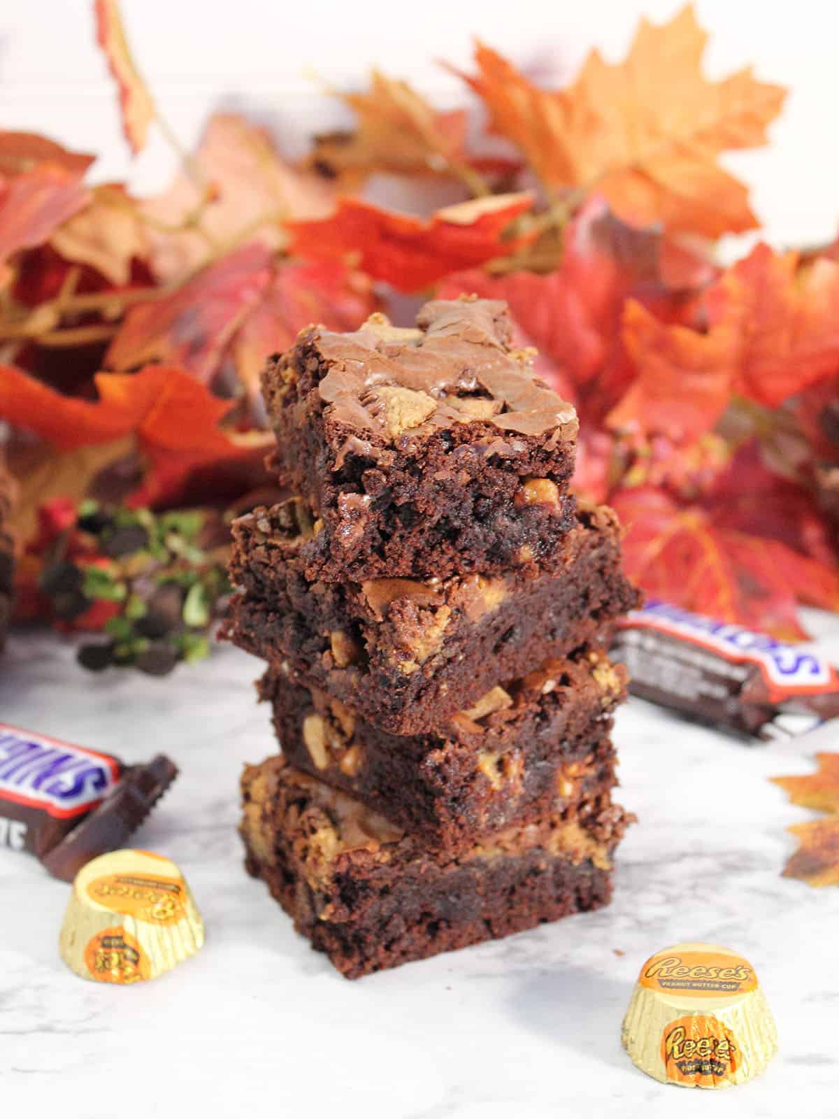 Stacked Candy Bar Brownies.