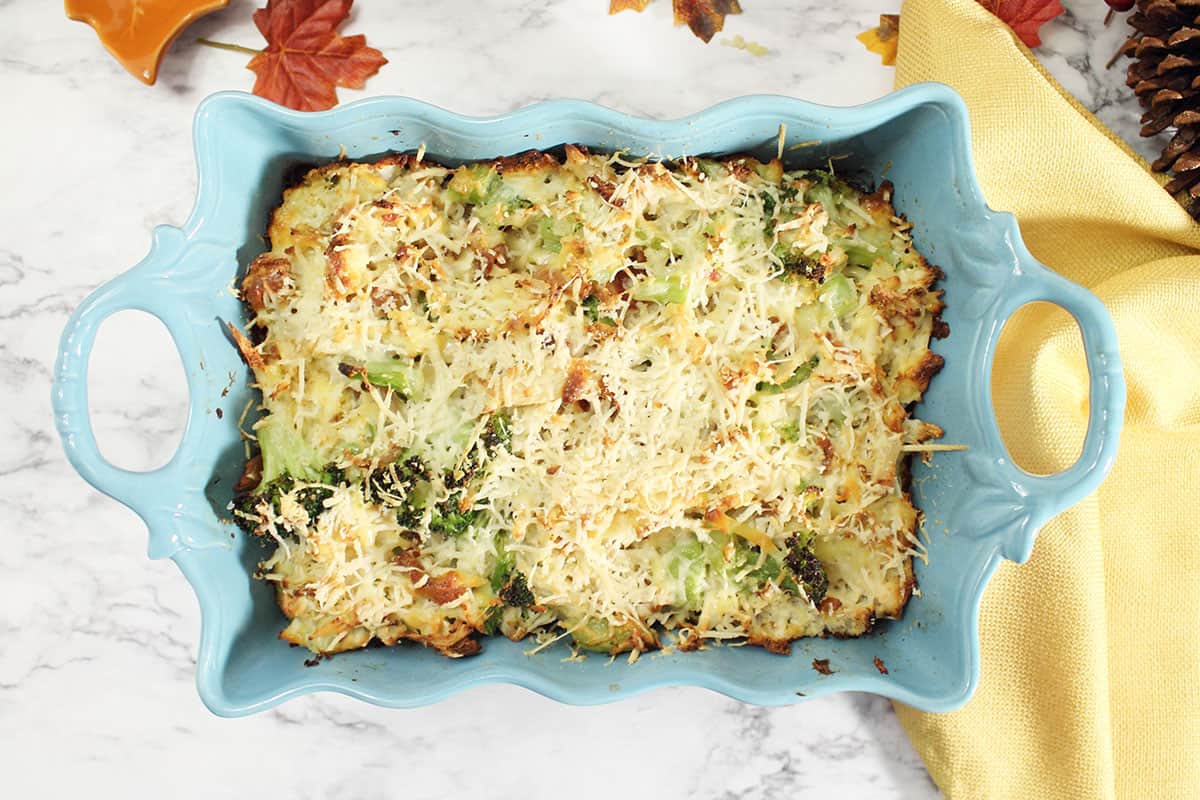 Overhead of baked casserole.