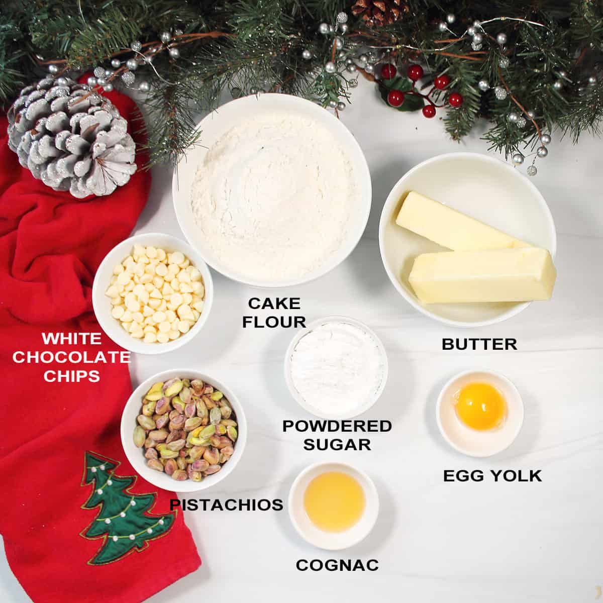 Ingredients for pistachio shortbread cookie recipe.