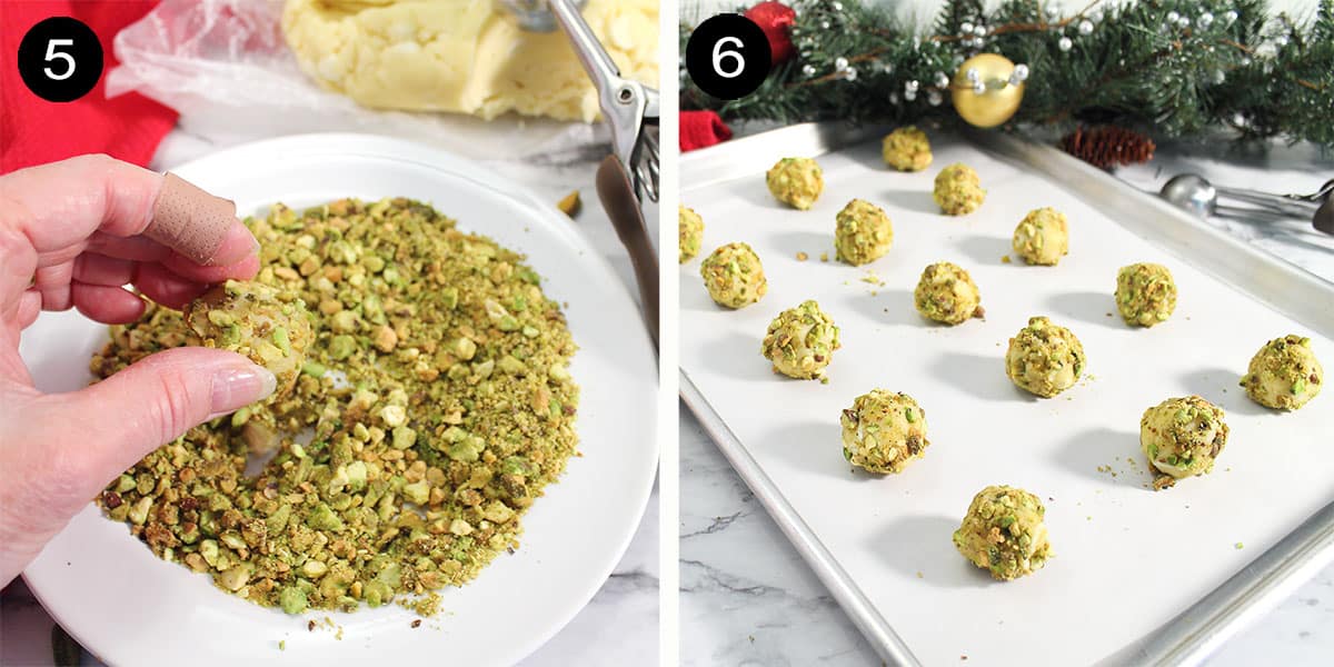 Adding pistachios to cookies.