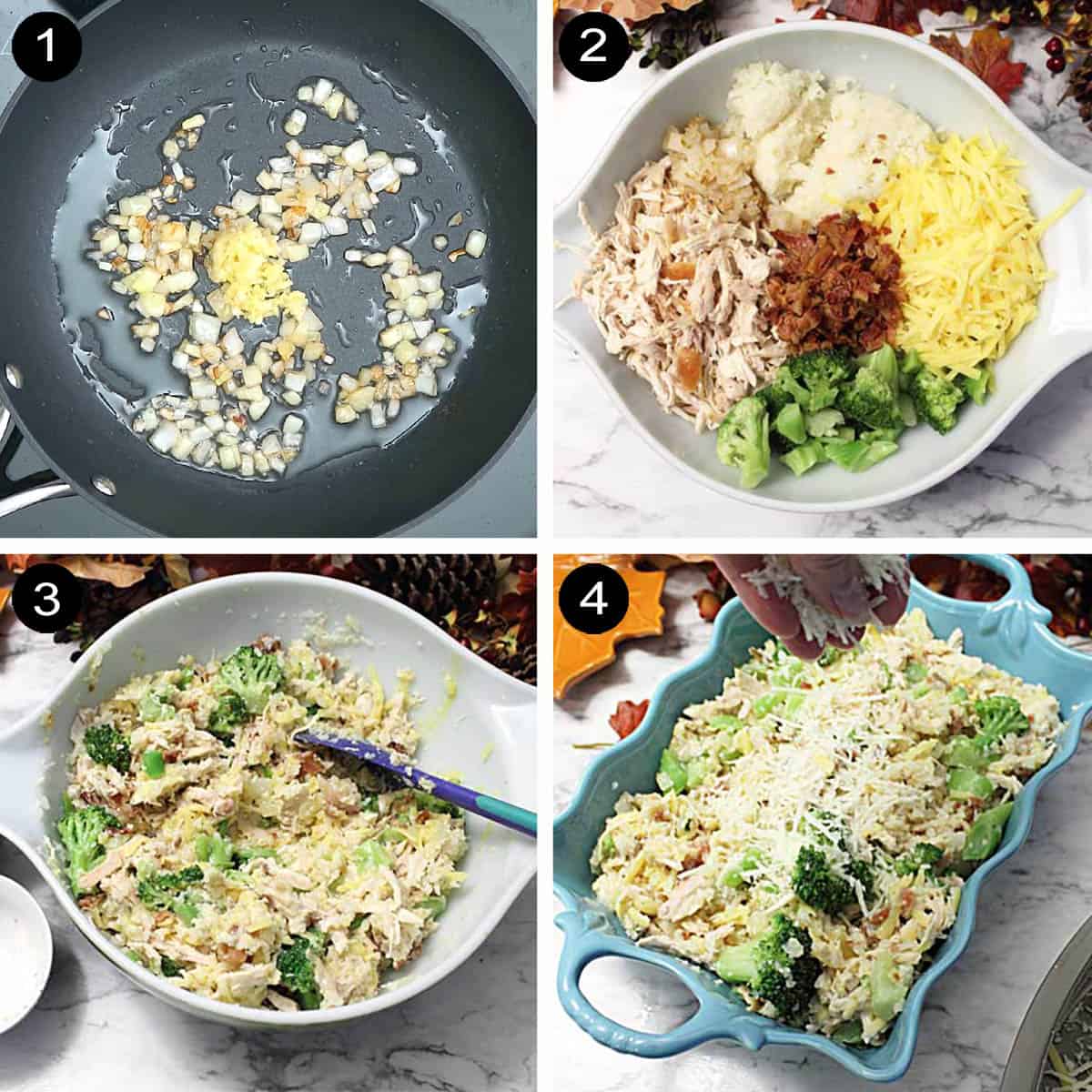 Prep steps for chicken broccoli cauliflower casserole.