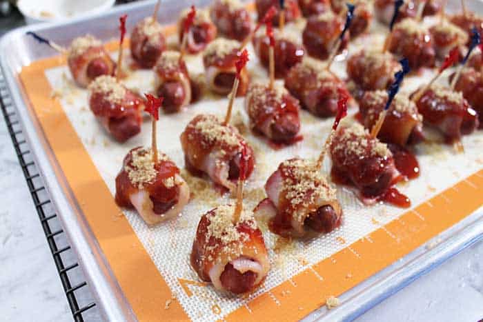 Candied Bacon Wrapped Smokies ready to bake