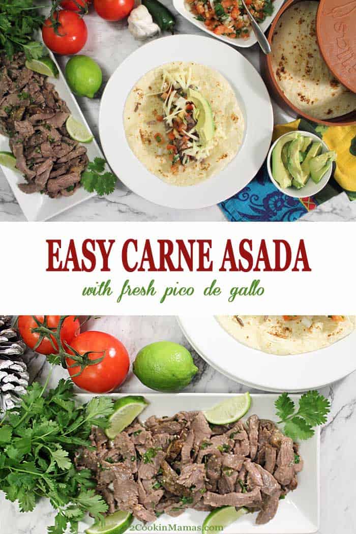 Easy Carne Asada with fresh Pico de Gallo | 2 Cookin Mamas Whip up this easy Carne Asada dinner tonight using holiday leftovers. Thin sliced prime rib is marinated in a citrus mojo for true Mexican flavor and topped with fresh pico de gallo. Serve on tacos or tortillas and, believe me, no one will believe it's leftovers! Option included for grilling a marinated skirt steak. #leftovers #dinner #carneasada #skirtsteak #steak #picodegallo #mexicanfood #recipe