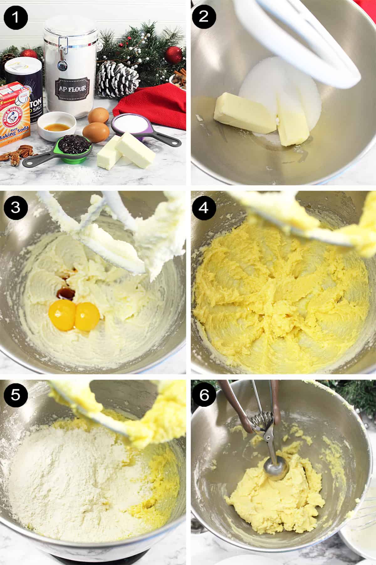 Collage of steps 1-6 to make thumbprint cookies.