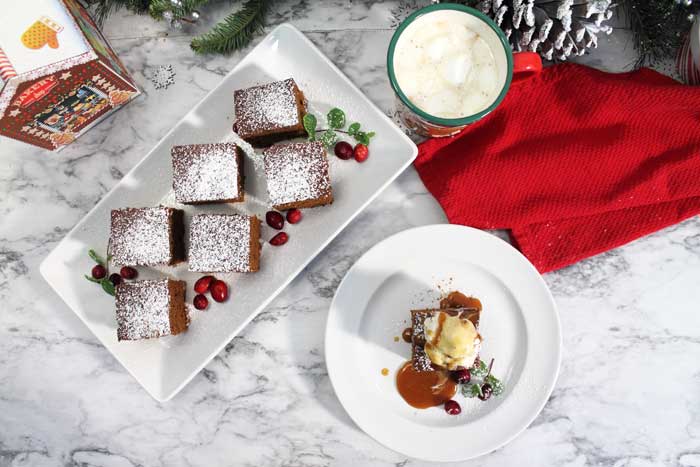 Homemade Spicy Gingerbread overhead plated