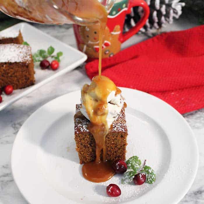 Homemade Spicy Gingerbread pouring caramel square