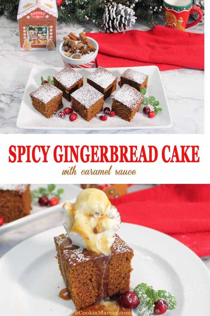 Spicy Homemade Gingerbread | 2 Cookin Mamas This Homemade Spicy Gingerbread is a quick and easy recipe that is full of rich molasses flavor & flavored with plenty of ginger & cinnamon. A perfect dessert for the holidays, served with a sprinkle of powdered sugar, a la mode or with homemade caramel or vanilla sauce. Maybe you can even sneak a piece or two for breakfast! #gingerbread #breakfastbread #quickbread #dessert #christmas #easyrecipe