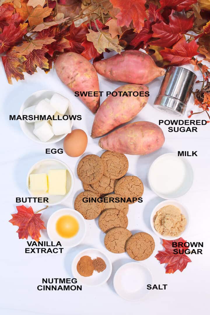 Labeled ingredients for puffs on white table.