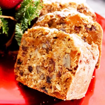 Closeup of sliced Christmas fruit cake.