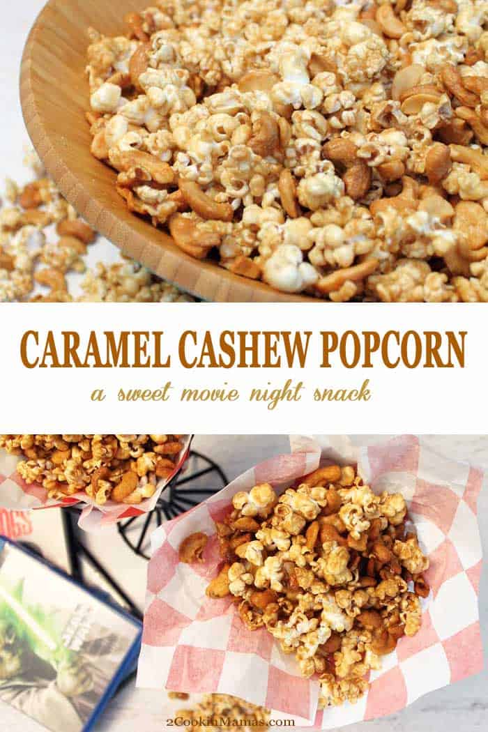 Caramel Cashew Popcorn | 2 Cookin Mamas Warning! This caramel cashew popcorn is totally addictive! Popcorn mixed with cashews gets an extra crunch from a sweet caramel glaze. Great for movie night, slumber parties or those midnight munchies! #popcorn #cashews #caramel #snack #recipe #movienight #homemade