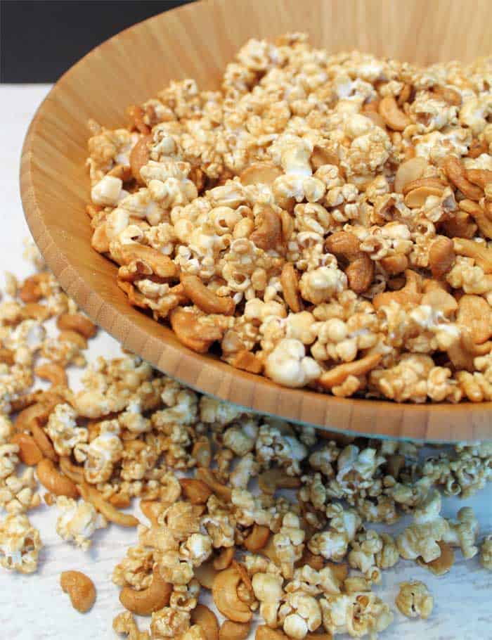 Caramel Cashew Popcorn in bowl tall