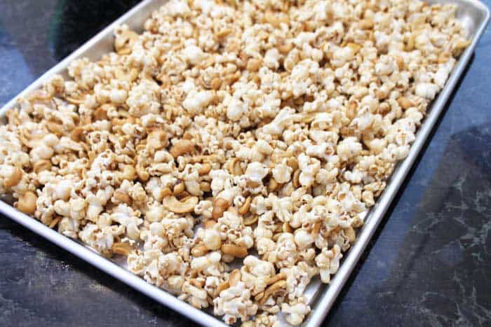 Caramel Cashew Popcorn ready to bake