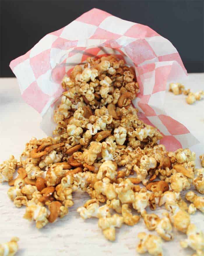 Caramel Cashew Popcorn spilling out