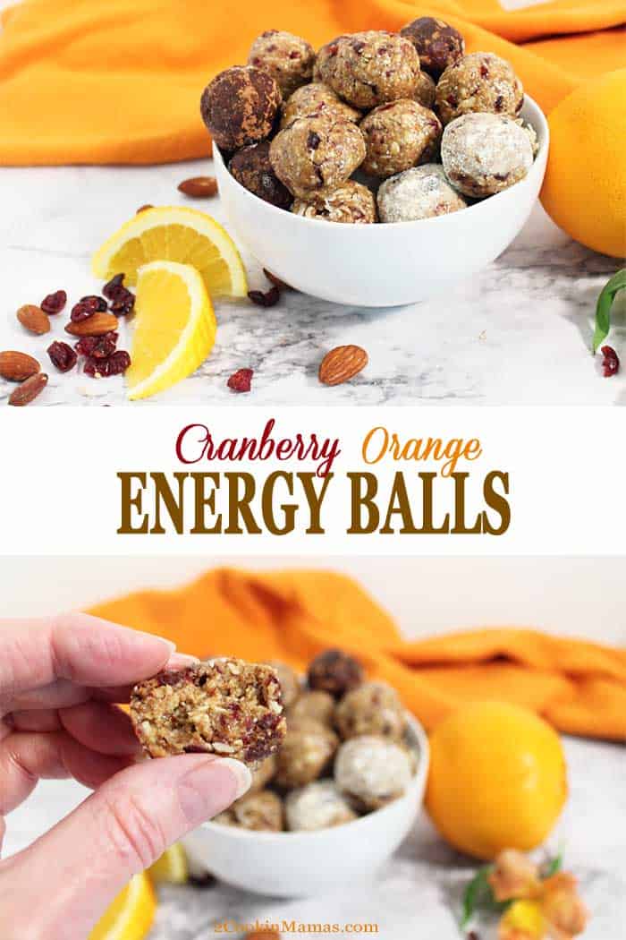 Cranberry Orange Energy Balls | 2 Cookin Mamas Cranberry Orange Energy Balls are filled with protein, fiber and antioxidants to refuel you after your workout or give you a quick on-the-go breakfast for rushed mornings. Packed with oats, almonds, cranberries, chia seeds, orange juice and almond butter, they're a tasty bite that's actually healthy. #snack #energyballs #healthy #nobake #protein #oats #lowcarb #almondbutter #recipe #cranberries #chiaseeds #almonds #glutenfree