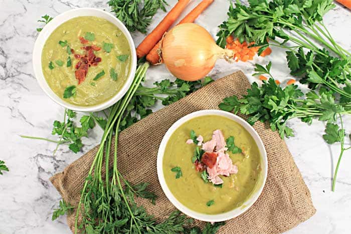 Instant Pot Split Pea Soup overhead with burlap