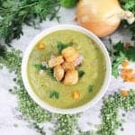 Instant Pot Split Pea Soup overhead with croutons square