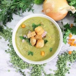 Instant Pot Split Pea Soup overhead with croutons square