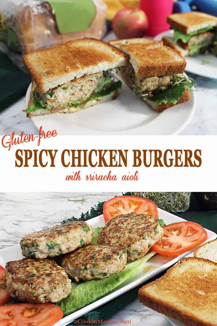Spicy Chicken Burger with Sriracha Aioli | 2 Cookin Mamas A delicious and easy Spicy Chicken Burger with Sriracha Aioli that is both hearty and gluten free. A spicy Chicken Burger is nestled on slices of toasted gluten free bread then topped with avocado, sprouts and a creamy Sriracha aioli. Perfect for lunch or dinner. #ad #burger #chicken #chickenburger #glutenfree #health #aioli @udisglutenfree #sandwich #lunch #dinner #UdisGlutenFree