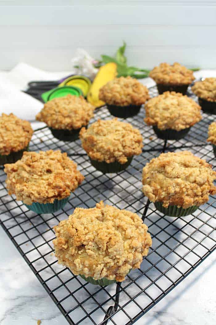 Banana muffins cooling on wire rack.