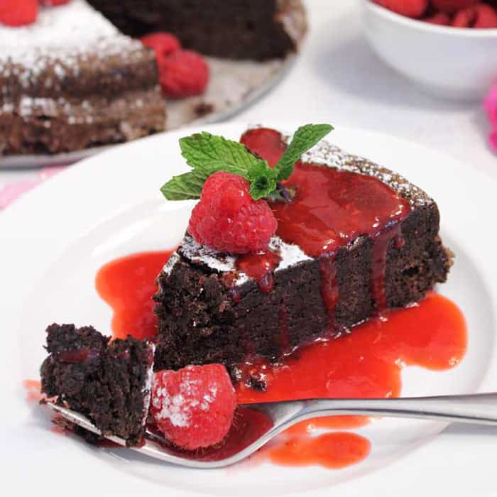 Flourless Chocolate Torte with raspberry sauce square