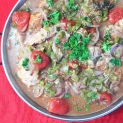 Overhead of large bowl with chicken cacciatore garnished with parsley.