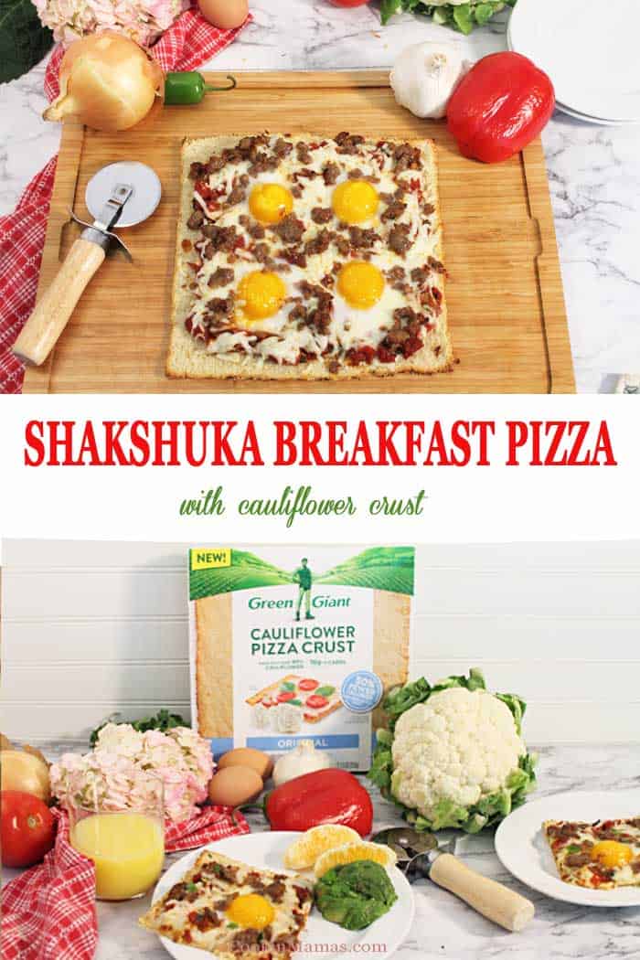 Shakshuka Breakfast Pizza | 2 Cookin Mamas Now you can have pizza for breakfast! This delicious low-carb Shakshuka Breakfast Pizza starts with a cauliflower crust and is topped with a spiced tomato and veggie sauce, sprinkled with sausage and cheese then topped with eggs. The perfect start to any day in about 30 minutes. Fits a vegetarian diet when a meat alternative is used. #ad #breakfast #recipe #sausage #cauliflowercrust #pizza #shakshuka #eggs #GreenGiant #GiantCauliSwap