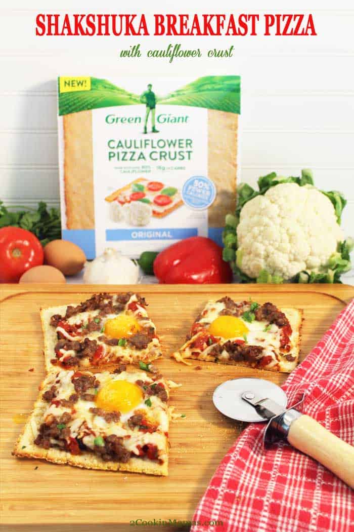 Shakshuka Breakfast Pizza baked | 2 Cookin Mamas Now you can have pizza for breakfast! This delicious low-carb Shakshuka Breakfast Pizza starts with a cauliflower crust and is topped with a spiced tomato and veggie sauce, sprinkled with sausage and cheese then topped with eggs. The perfect start to any day in about 30 minutes. Fits a vegetarian diet when a meat alternative is used. #ad #breakfast #recipe #sausage #cauliflowercrust #pizza #shakshuka #eggs #GreenGiant #GiantCauliSwap