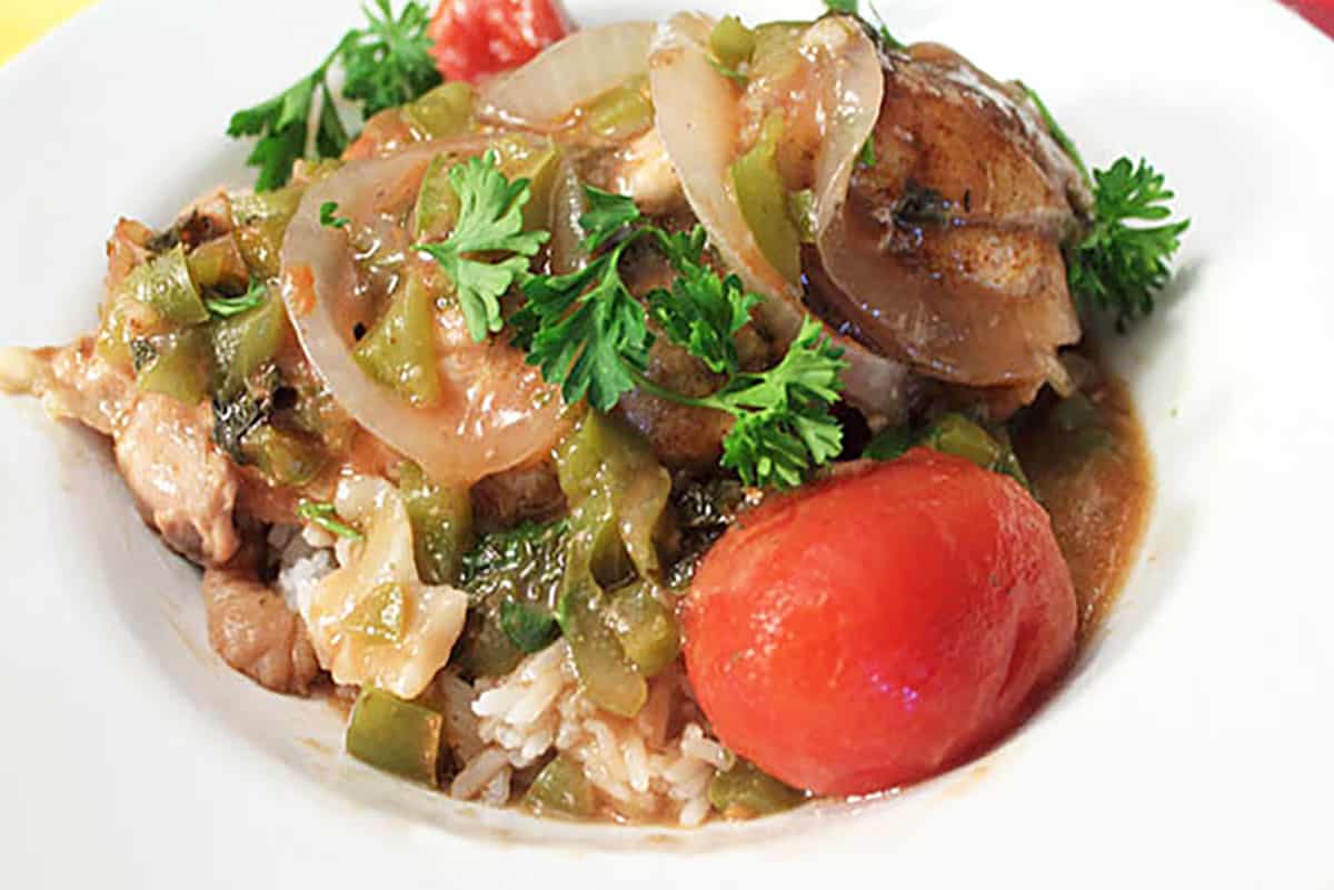 Closeup of cacciatore in white bowl.