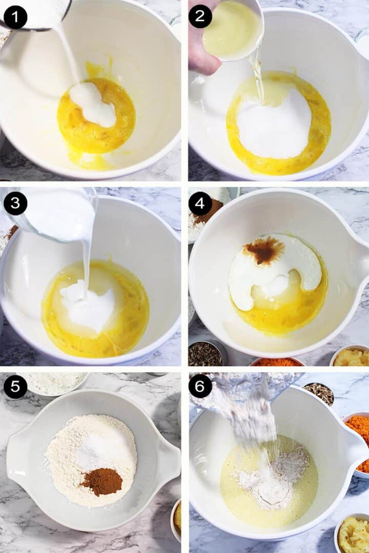 Carrot cake prep steps 1-6.