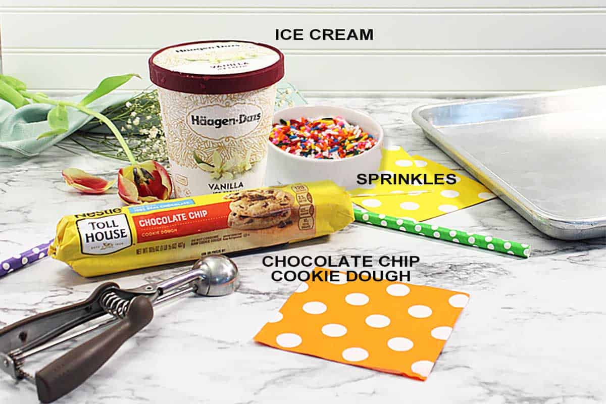 Ingredients for chocolate chip cookie ice cream sandwiches.
