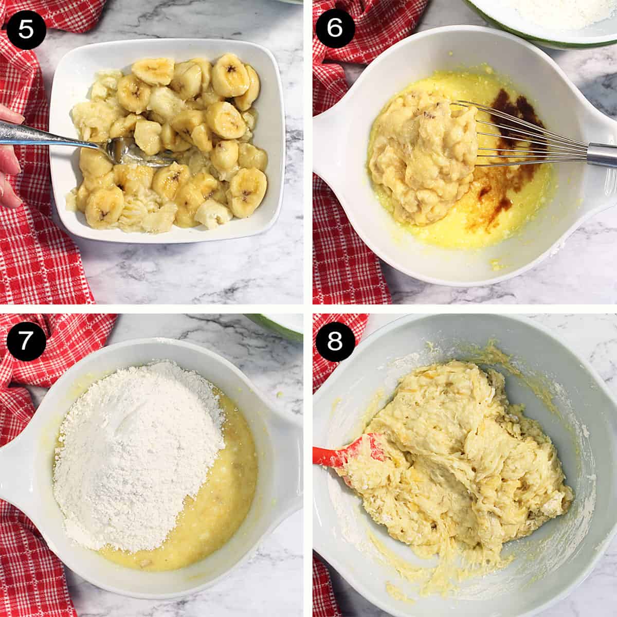 Prep steps 5-8 to make banana bread with cinnamon.