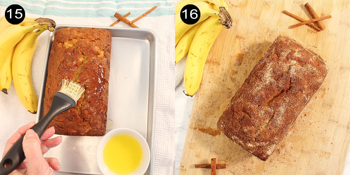 Brushing bread with butter and rolling in cinnamon sugar.