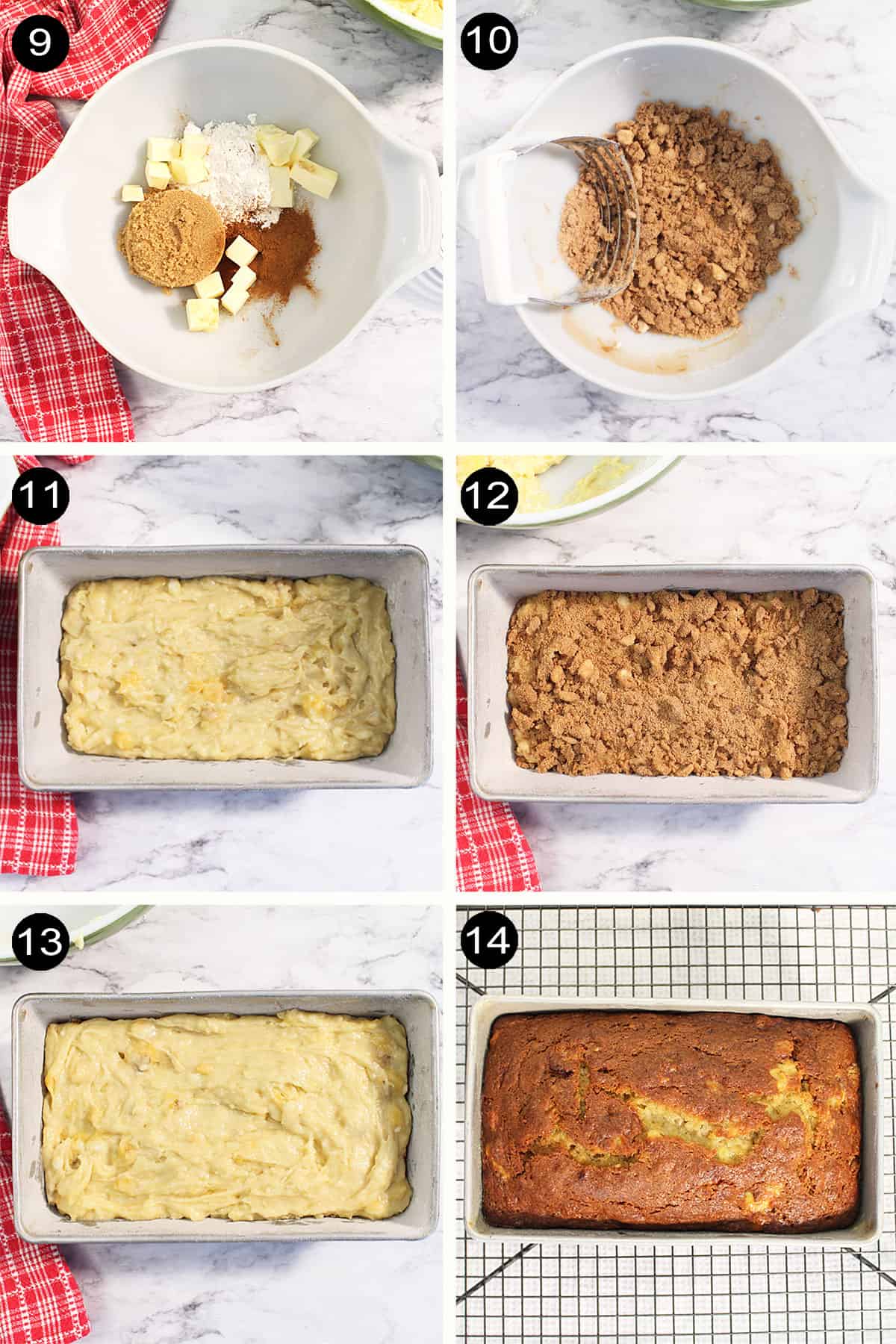 Steps to make cinnamon crumb swirl and layering banana bread.