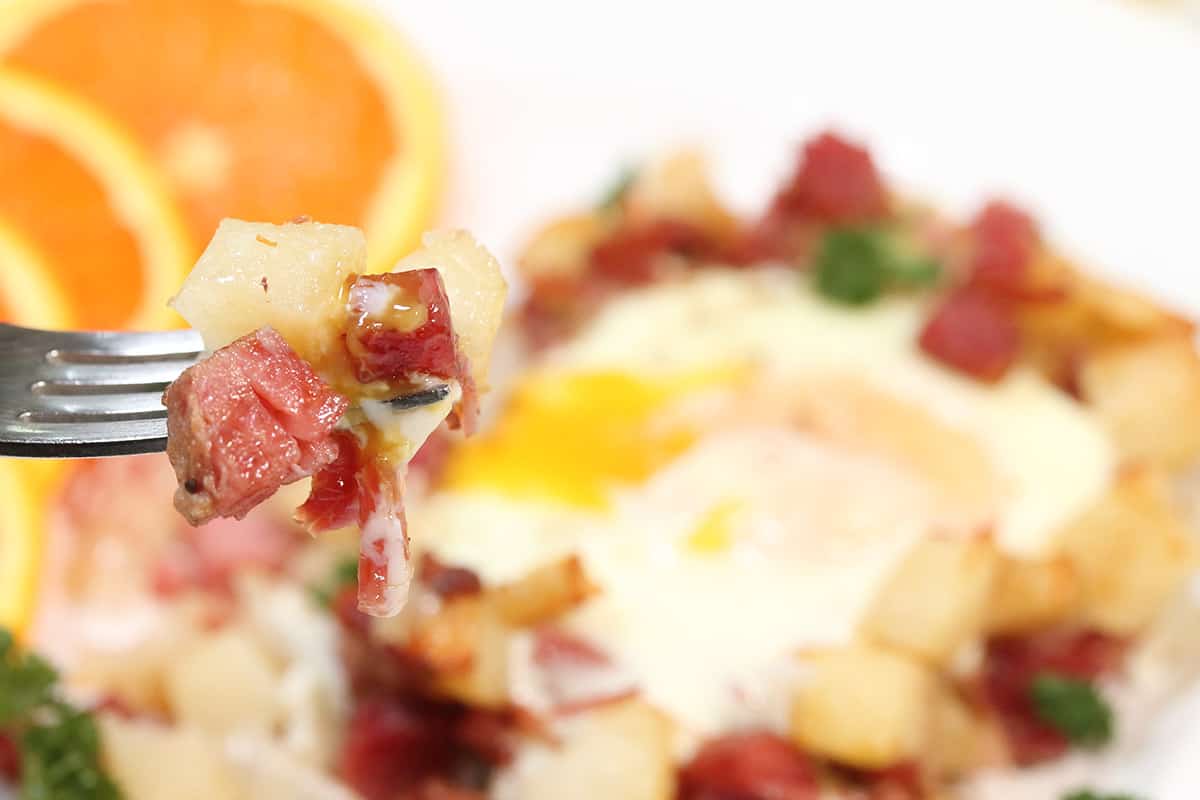 Closeup of bite on fork over corned beef hash.