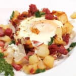 Closeup of hash and eggs.