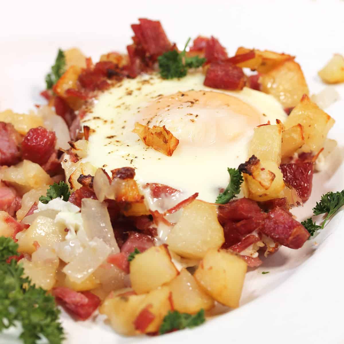 Closeup of hash and eggs.