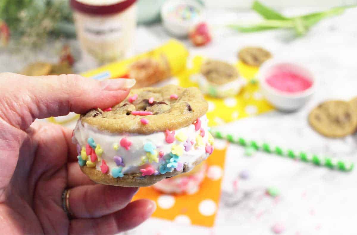 Holding ice cream sandwich with sprinkles.