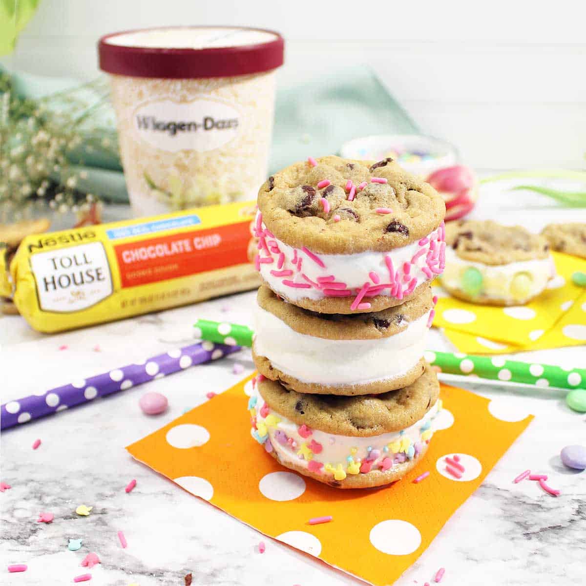 Stacked ice cream sandwich cookies with ingredients.