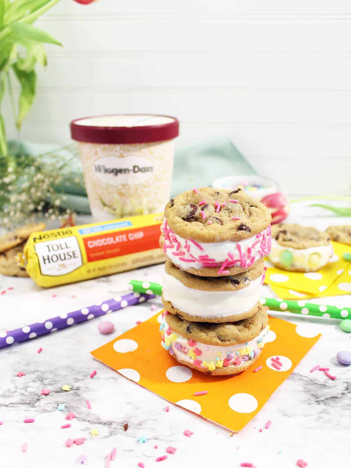 Stacked toll house cookie ice cream sandwiches.