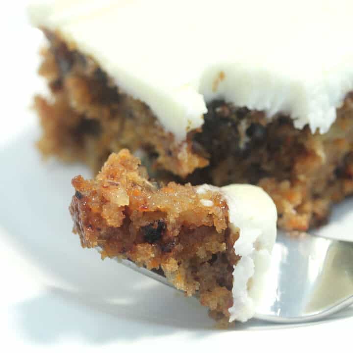 Closeup of bite of cake on fork.
