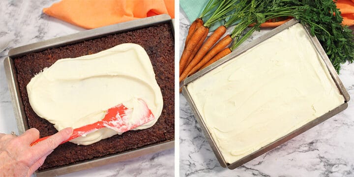 Spreading cream cheese frosting on carrot cake.